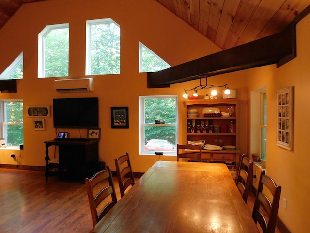 dining area featuring a wall unit AC, wood ceiling, vaulted ceiling, and hardwood / wood-style floors