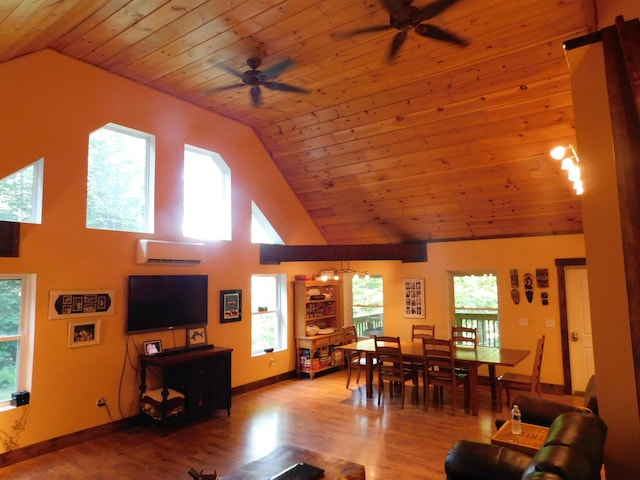 living room with an AC wall unit, high vaulted ceiling, ceiling fan, wooden ceiling, and light hardwood / wood-style flooring