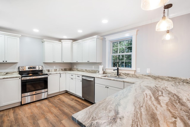 kitchen with wood finished floors, ornamental molding, stainless steel appliances, and a sink