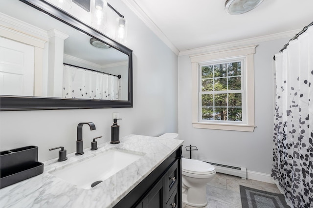 bathroom with baseboards, toilet, ornamental molding, vanity, and a baseboard radiator