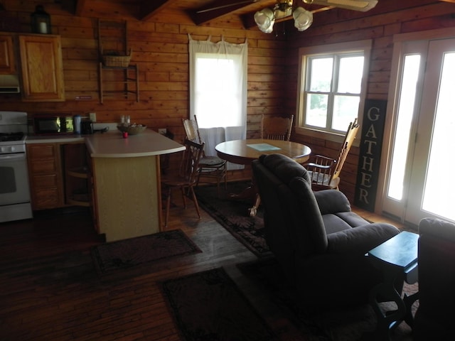 interior space featuring ceiling fan, a wealth of natural light, and wooden walls