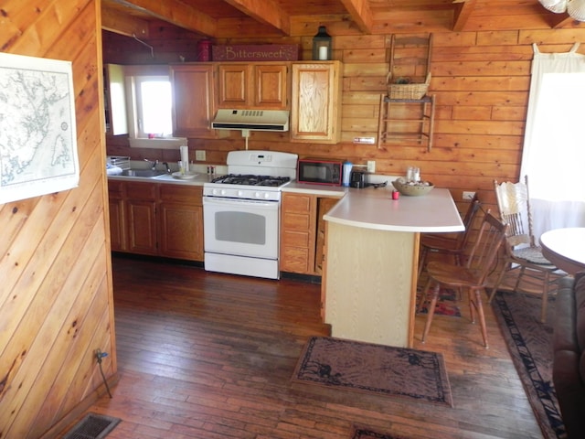 kitchen with gas range gas stove, sink, wood walls, and a breakfast bar area