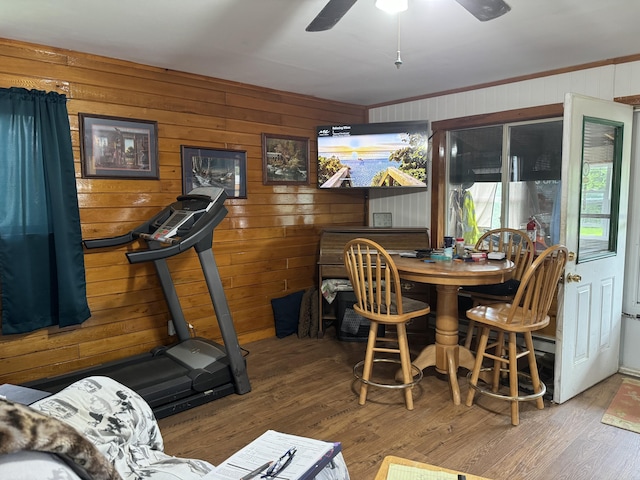 exercise room featuring ceiling fan, wooden walls, and hardwood / wood-style flooring