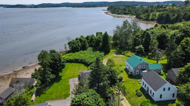 bird's eye view with a water view