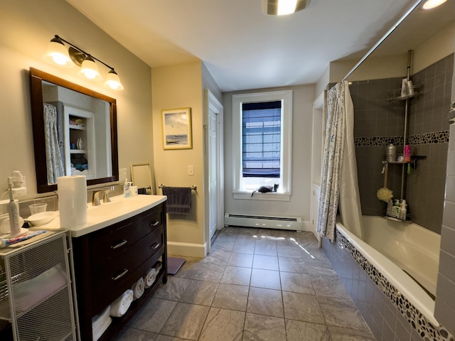 bathroom with shower / bath combination with curtain, a baseboard radiator, and vanity