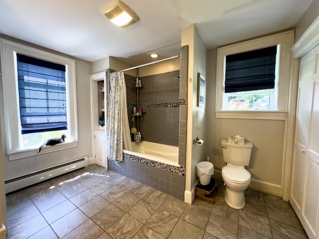 bathroom featuring a baseboard radiator, shower / tub combo with curtain, and toilet