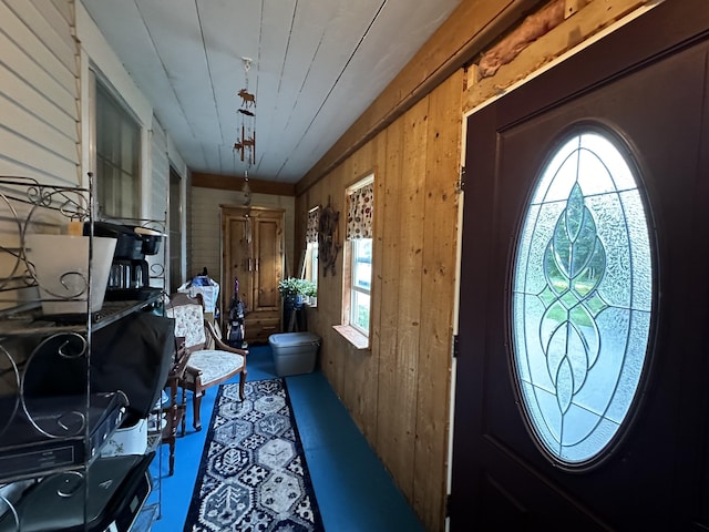 foyer featuring a wealth of natural light and wood walls