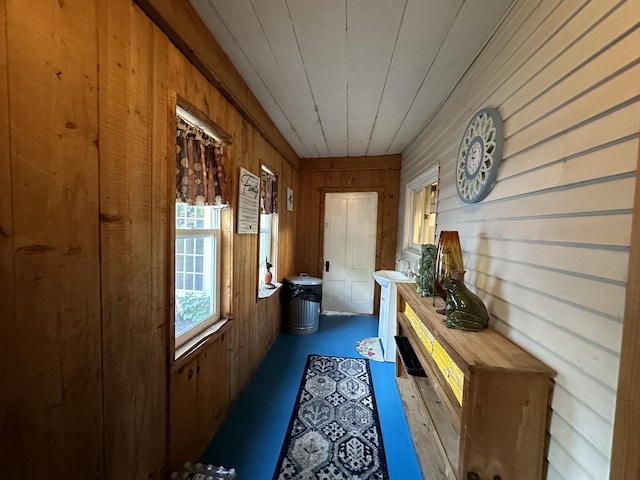 interior space featuring wood walls