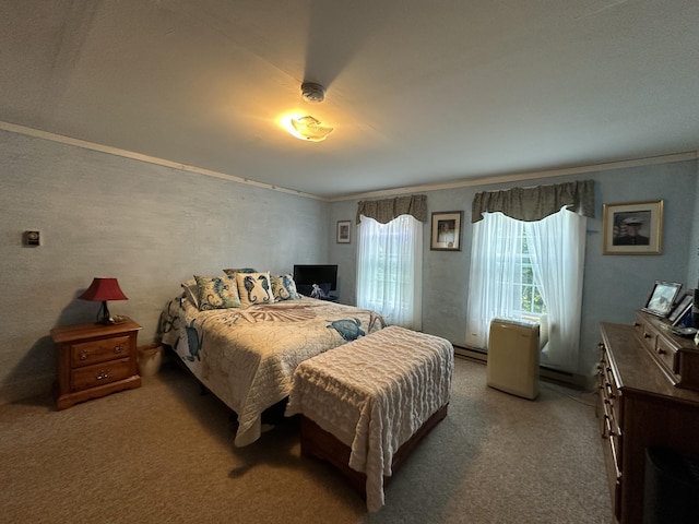 carpeted bedroom featuring crown molding and baseboard heating