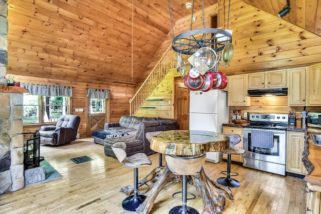 kitchen featuring white refrigerator, high vaulted ceiling, wooden ceiling, stainless steel range with electric cooktop, and wood walls