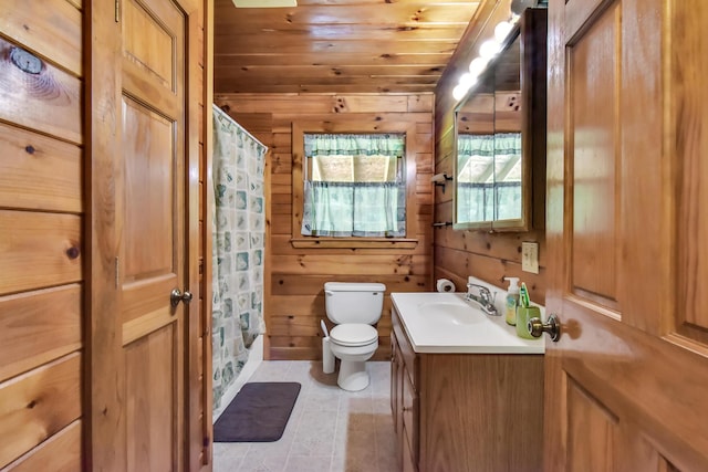 bathroom with vanity, wooden walls, toilet, walk in shower, and wood ceiling