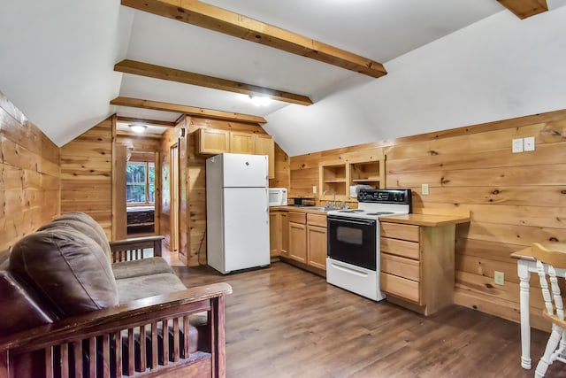 kitchen featuring light brown cabinetry, white appliances, wooden walls, and dark wood-type flooring