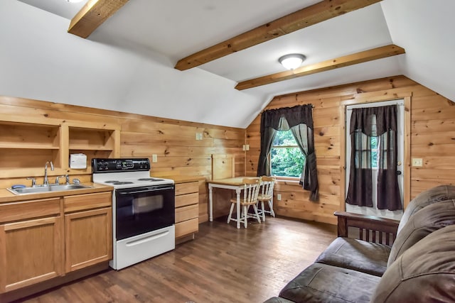 kitchen featuring wood walls, lofted ceiling, electric stove, sink, and dark hardwood / wood-style flooring