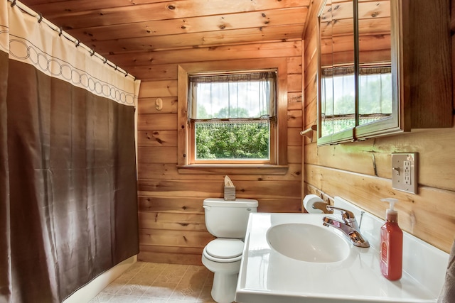 bathroom with wood walls, vanity, wooden ceiling, and toilet