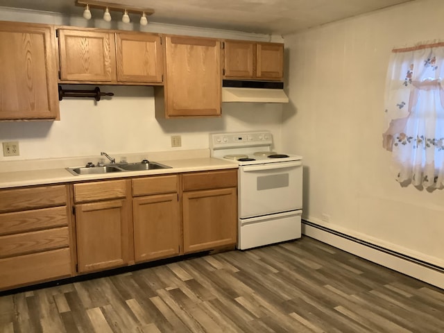 kitchen featuring white range with electric cooktop, a baseboard heating unit, dark hardwood / wood-style floors, and sink