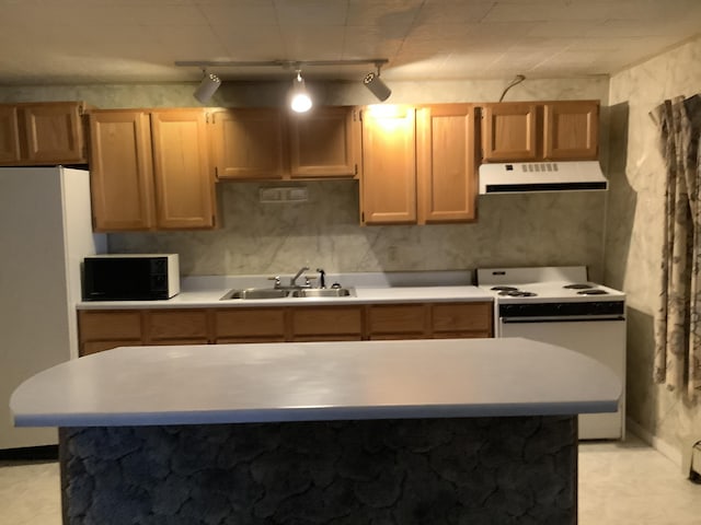 kitchen featuring electric stove, fridge, sink, and rail lighting