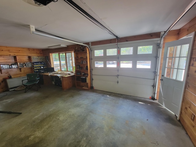 garage with wood walls