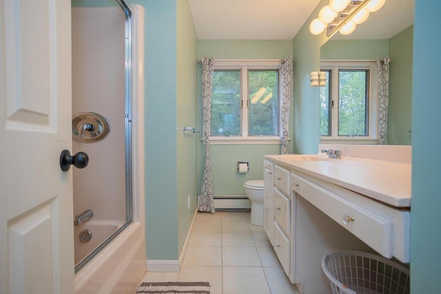 full bathroom featuring toilet, a baseboard heating unit, tile patterned floors, vanity, and shower / bath combination with glass door