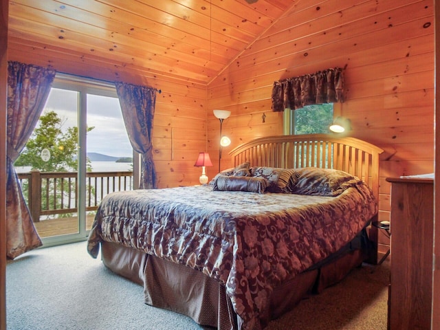 carpeted bedroom with access to exterior, wooden ceiling, lofted ceiling, and wood walls