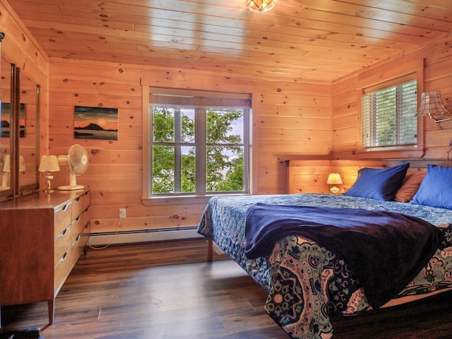 bedroom with baseboard heating, wooden walls, dark wood-type flooring, and wood ceiling