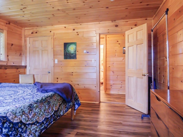 bedroom with wooden walls, wood ceiling, and wood-type flooring