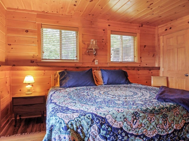 bedroom featuring wood walls and wood ceiling