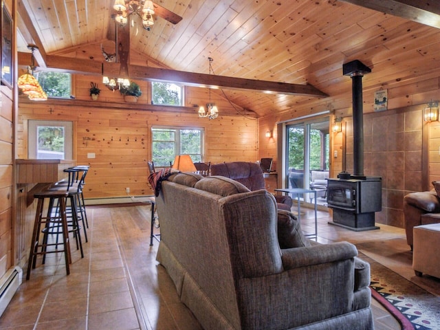 living room featuring a wood stove, a healthy amount of sunlight, wooden walls, and wood ceiling