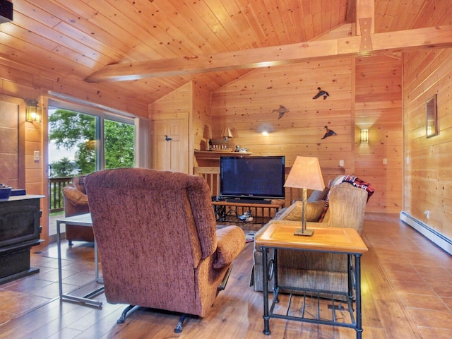 living room featuring a wood stove, wood walls, lofted ceiling with beams, and wooden ceiling