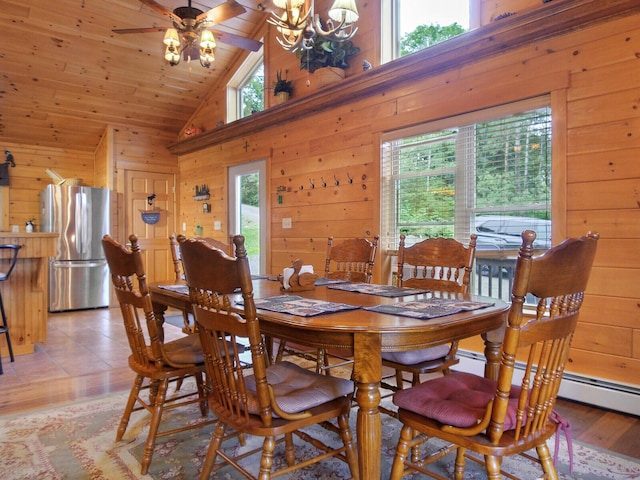 dining room featuring a wealth of natural light, ceiling fan with notable chandelier, wooden ceiling, and wood walls