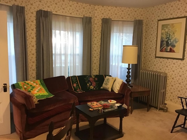 living room featuring radiator and light colored carpet