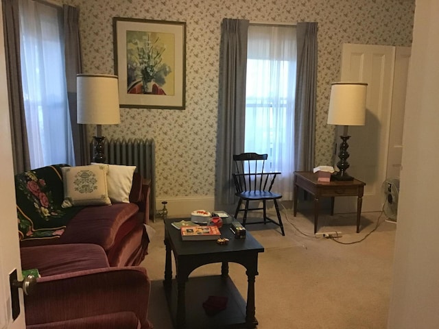 living area featuring radiator and carpet flooring