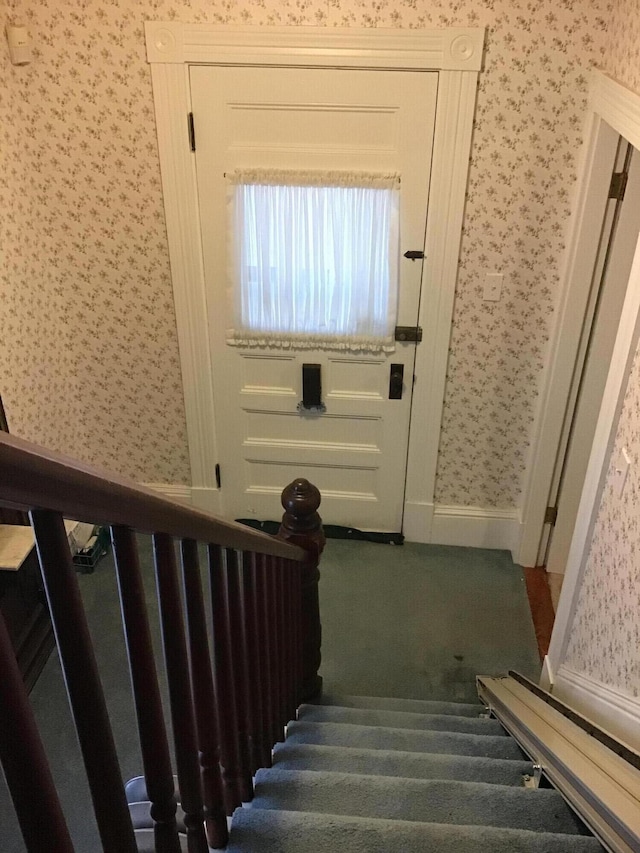 staircase with carpet flooring