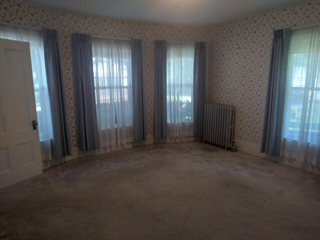 carpeted spare room featuring radiator heating unit