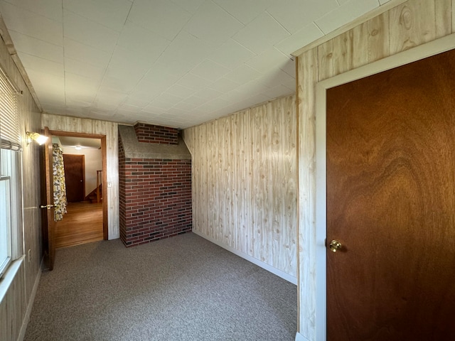 interior space featuring wooden walls and carpet flooring