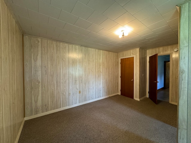 unfurnished room featuring wooden walls and carpet