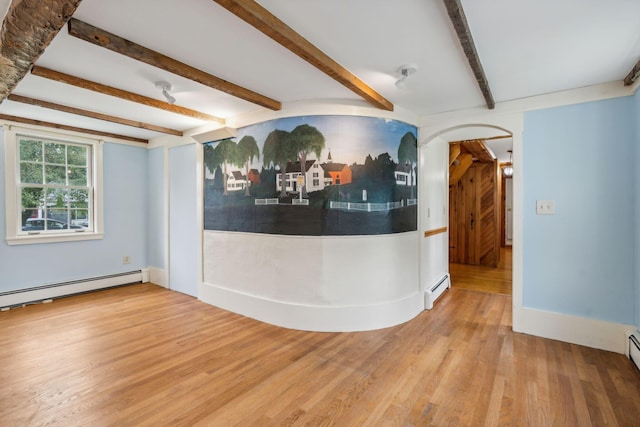 interior space with a baseboard heating unit, beamed ceiling, and light hardwood / wood-style floors