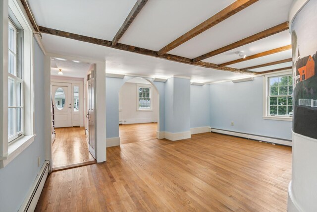 spare room with a baseboard radiator, light wood-type flooring, and a healthy amount of sunlight