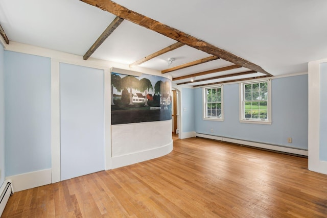 unfurnished living room with light wood-type flooring, baseboard heating, and beam ceiling