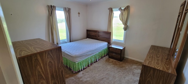 bedroom featuring light carpet