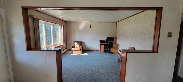 sitting room featuring carpet flooring, ornamental molding, and a baseboard radiator