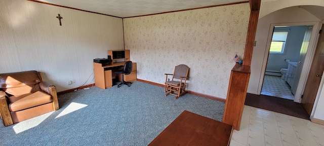 carpeted office with crown molding