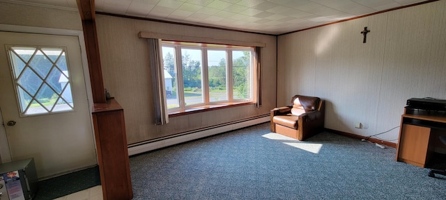 interior space featuring a baseboard heating unit and crown molding