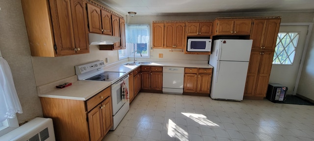 kitchen featuring sink, white appliances, and ornamental molding