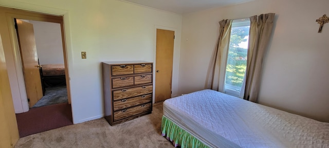 bedroom with light colored carpet