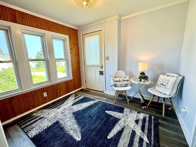 interior space featuring crown molding, wooden walls, and dark hardwood / wood-style flooring