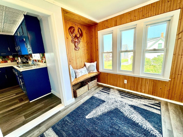 living area featuring crown molding, dark wood-type flooring, sink, and wooden walls