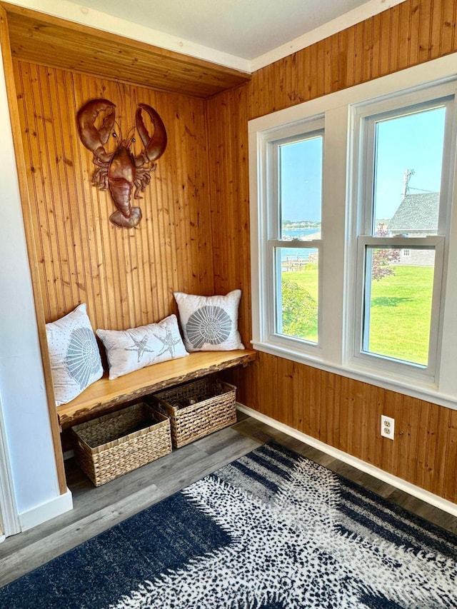 mudroom with hardwood / wood-style flooring and wood walls