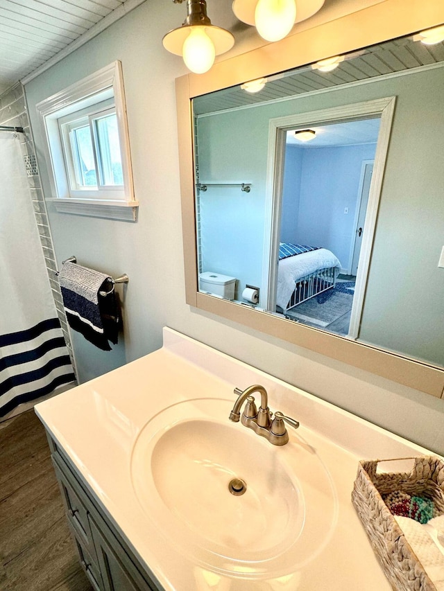 bathroom featuring vanity and hardwood / wood-style floors