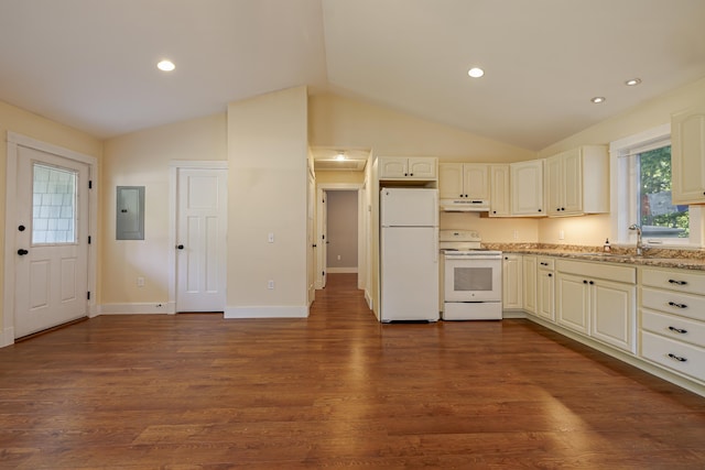 kitchen with electric panel, sink, white appliances, dark hardwood / wood-style flooring, and light stone counters