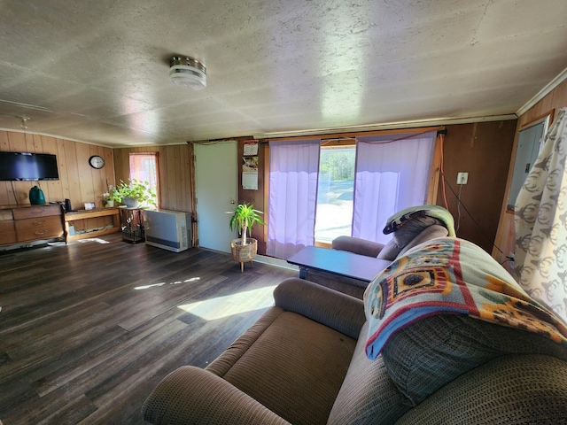 living room with wood-type flooring, wooden walls, and plenty of natural light